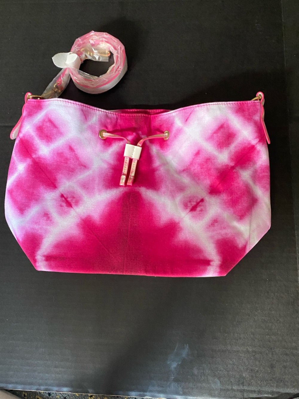 Estee Lauder Pink and White Tie-Dye Drawstring Bucket Bag